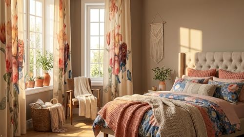 Image of Floral Printed Window Curtain for Living Room & Bedroom | Premium Polyester Door Curtain | Elegant Flower Design Drapes | Light Filtering Home Decor Curtain | Cream Multicolor (1 Pcs)