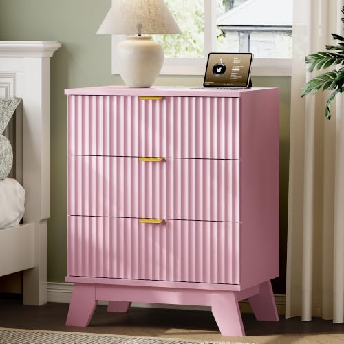 Image of Xixini Fluted Nightstand with Charging Station, Tall Bedside Table, Pink