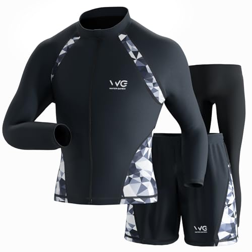 [WATER GAMES] ラッシュガード メンズ【UVカット機能 UPF50+・接触冷感・速乾機能・高伸縮素材】 長袖 フルジップ 水着対応 ラッシュガード オーバーサイズ 紫外線対策 水陸両用 (JP, アルファベット, XL, 3点セットWGRG04（ジュエリーXブラック）)のサムネイル