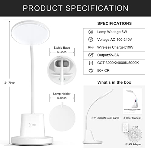 Vicsoon Desk Lamp For Home Office, Led Desk Lamp With Wireless Charger Pen Phone Holder, Dimmable Desk Light 3 Color Modes, College Dorm Study Lamp For College Dorm, Cri 90 800 Lumen #TOP6
