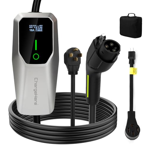 CHARGEHERE Portable Level 1 & 2 EV Charger, UL Listed EVSE Charging Station, 25ft Cable, J1772 for All EVs (16 Amp, 110V-240V, NEMA 6-20P with 5-15P Adapter)