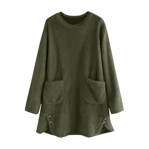 KHIRVWL Sweat Femme Long Sweat-Shirt en Laine pour Femme Sweats Moelleux Pull Ample Chemise en Peluche col Rond Haut à Manches Longues Tunique Ample et Chaude en Peluche Grande Taille avec Poches