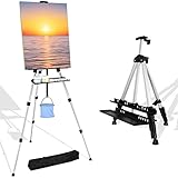 NIECHO 66 Inches Silver Easel Stand with Tray,Aluminum Metal Easels for Painting Canvas Adjustable Height from 17" to 66" with Carry Bag for Table-Top/Floor Painting and Displaying