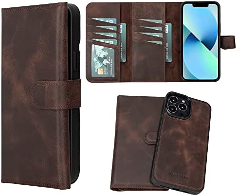 Bayelon iPhone 13 Pro Max Case, Trifold Full Grain Leather Wallet Case, Detachable Magnetic Phone Wallet, Flip Cover with Card Slots, Kickstand, Case for iPhone 13 Pro Max with MagSafe (Tiguan Brown)