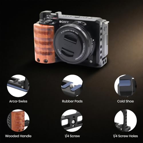 Image of Simpex Camera cage Compatible with ZV-E10 Black,Mount Accessories,NATO Rail and 1 /4″-20,Integrated Handgrip,Includes Arca Bottom Plate,Detachable Mounts
