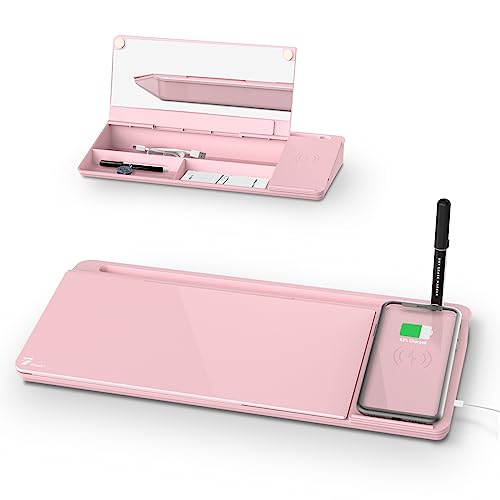 TOWON Desktop Glass Whiteboard with Wireless Charger Station, White Board Organizer for Desk Charger, Desk Whiteboard with Storage and Device Charging, Deskboard Buddy with Charger, Pink, 34 x 17 CM