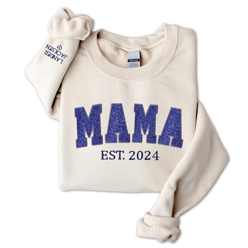 NAZENTI Personalized Embroidered Glitter Mama Sweatshirt With Kid Names On Sleeve, Motherâ€™s Day Pullover, Grandma Crewneck, New Mom Apparel, Womenâ€™s Holiday Sweater, Gifts For Mothers Day D03