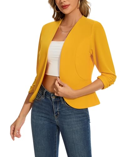 Womens Cropped Blazer Suit Jacket Open Front 3/4 Ruched Sleeve Blazers Collarless Suit Jacket Coat Tailored Outfit,Yellow,L3