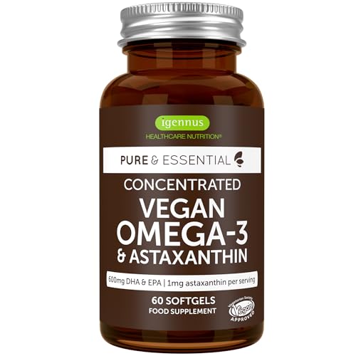 Igennus Vegan DHA & EPA Omega 3 1344mg Algae Oil & Astaxanthin Antioxidant, Lab Tested Pure & Sustainable, 60 Small Softgels, 400mg DHA & 200mg EPA, Easy-to-Swallow, 30 Servings
