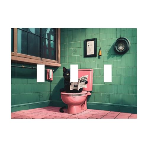 Decorative Light Switch Cover Plate Funny Black Cat Newspaper Pink Toilet 3 Gang Wall Plate Oversized Triple Toggle Switch Cover Plate Jumbo Faceplate for Bedroom Decor