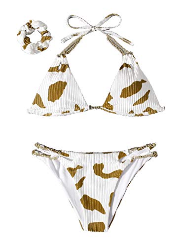 Floerns Women s Cow Print Two Piece Swimsuit Chain Linked Triangle Bikini Bathing Suit White and Brown XL