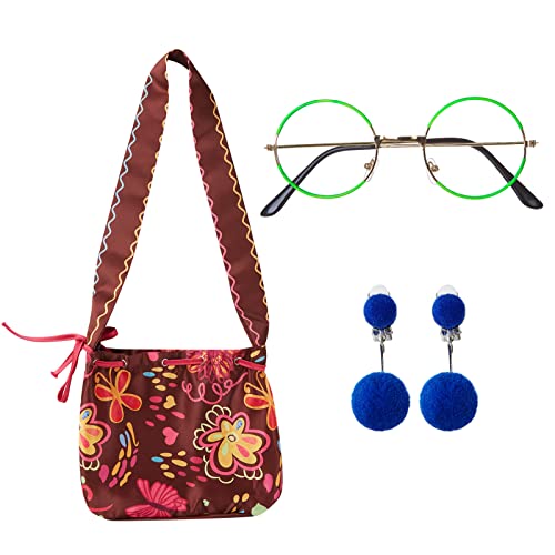 Fancheer Green Glasses Round Metal Frame No Lens with Blue Pom Clip-on Earrings Purse Bag Dress Up Costume Accessories for Mirabel