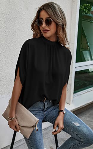 Angashion Womens Tops, Short Sleeve Casual Summer Top Solid Color Self Tie Loose Fit Drape Tunic Blouses Shirts Black X-Large #TOP1