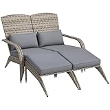 Outsunny Wicker Adirondack Chair for 2 with Cushions & Footrests, PE Rattan Double Chaise Lounge Chair, Fire Pit Chair for Porch with Wide Armrests, High-Back, Gray