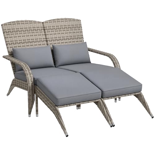 Outsunny Wicker Adirondack Chair for 2 with Cushions & Footrests, PE Rattan Double Chaise Lounge Chair, Fire Pit Chair for Porch with Wide Armrests, High-Back, Gray