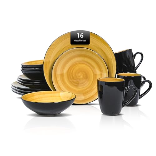 Juego de vajilla Sonoma de 16 piezas de gres, exterior negro + interior pintado a mano en amarillo con motas Juego de vajilla Sonoma de 16 piezas de gres, exterior negro + interior pintado a mano en amarillo con motas