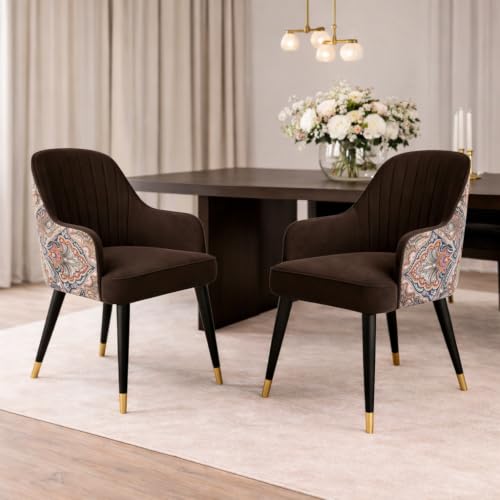 Image of Velvet Accent Chair | Modern Upholstered Dining Chair for Living Room, Office, Lounge & Vanity | Sturdy & Stylish Armchair (Floral, Dark Brown)