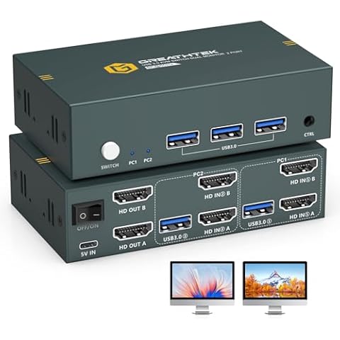 8K USB3.0 HDMI KVM Switch 2 Computers 2 Monitors 2 Port Dual Monitors Switcher for 2 PC Or 2 Laptops Share Keyboard & Mouse,8K@60HZ,4K@120Hz,with EDID Cover