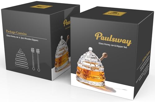 PAULSWAY Honey Dispenser Jar with 2 Dippers – 9 OZ Elegant Glass Storage with Superior Drizzle Control & Durable Lid