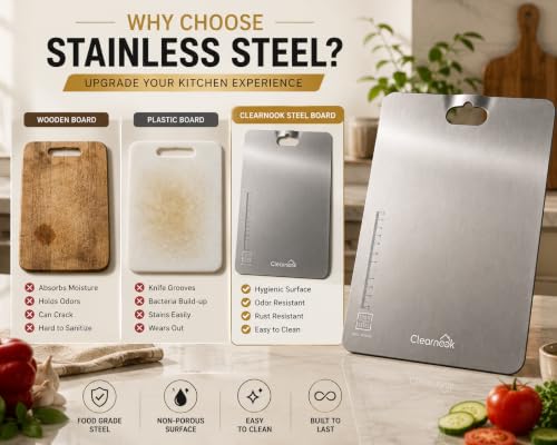 Image of Stainless Steel Chopping Board Large (1 Year Warranty) with Curved Handle (35 x 25 cm) | Steel Cutting Board for Kitchen | Vegetable Cutting Board | Rust Proof Metal Chopper Board