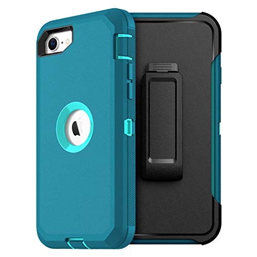 MXX iPhone SE 2020 Heavy Duty Protective Case with Screen Protector [3 Layers] Rugged Rubber Shockproof Protection Cover & Rotating 360 Degree Belt Clip for Apple iPhone SE 2020 (Turquoise)