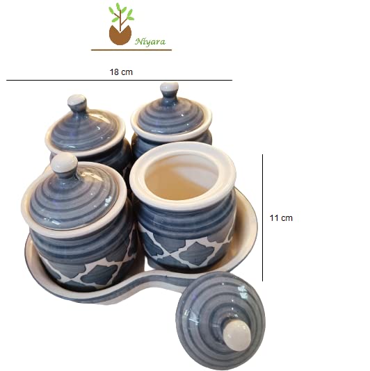Image of Niyara Multipurpose Storage Ceramic Pickle set Jars with Lid & tray (Set of 4, 300 ml) (Grey Moroccan)