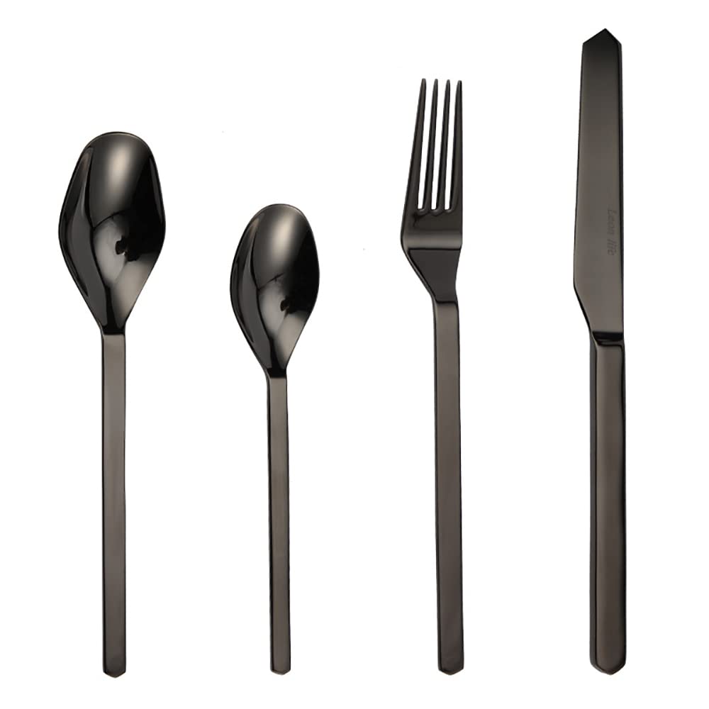 Juego de Cubiertos, Juego de Cubiertos de Acero Inoxidable de 24 Piezas, Servicio para 6, Apto para lavavajillas/fácil de Limpiar, Altamente Pulido, Juego de Cubiertos para Acampar, Negro (24 Piezas)