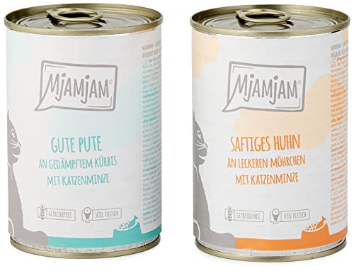 MjAMjAM - comida húmeda premium para gatos - mono paquete I - con pollo y pavo, paquete de 6 (6 x 400 g), sin cereales con carne extra