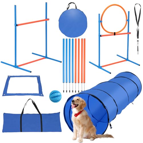 Hebitod Agility Set Hunde 5-teiliges Set Agility-Ausrüstung für Hunde Slalom Agility Hürde Sprungring & Hundetunnel 8 Slalomstangen Ball Pfeife Tragetasche Hundeparcour Hundesport