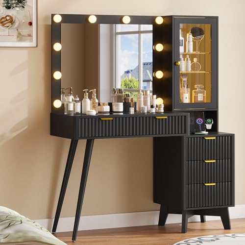 Image of Makeup Vanity Desk with Mirror and Lights, 45 inch Fluted Wood Vanity Desk with Glass Top, 5 Drawers & RGB Glass Cabinet, Power Outlet, Mid Century Modern Dressing Table Set for Women Girls Bedroom