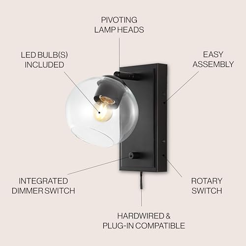 Image of JONATHAN Y 6 inch Oil Rubbed Bronze 1-Light Modern Wall Sconce, Plug-in or Hardwired LED Adjustable Wall Light with Dimmer Switch, Clear Glass Globe Shade, Mid-Century Lamp JYL7567A