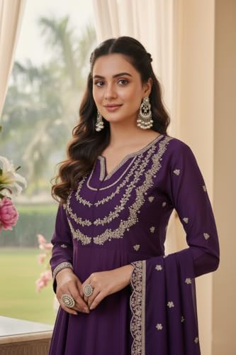 Image of Yashika Women's Silk Blend Embroidered Anarkali Kurta Set with Dupatta | Full Length Ethnic Wear for Women | Wedding