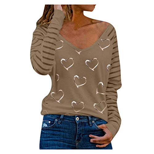 NLGToy Fall Clothes for Women Trendy Women's Fashion Heart Print V-Neck Plus Size Long-Sleeve Tops Blouse Long Sleeve Shirts for Women Trendy Coffee