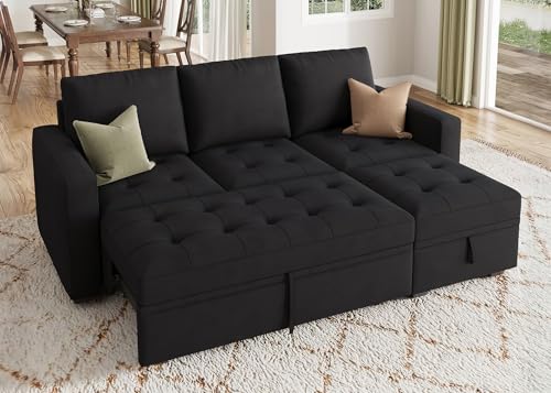 Image of HONBAY Modular Sectional Sleeper Sofa with Pull Out Bed, L Shaped Couch with Storage Seat Sectional Couches for Living Room,Velvet Black