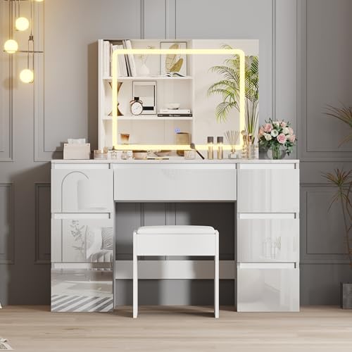 TRIOBLADE White 7 Drawers Dressing Table with Mirror and Stool High Gloss Vanity Desk with 3 Color LED Light Makeup Desk Bedroom Vanity Table Set Ideal for Girls and Women Bedroom Furniture (White)