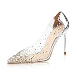 Naiyee Women's High Stiletto Heel, PVC Pumps Crystal Rhinestones 100mm Clear Heels Closed Pointed Toe Slip On Pump Wedding Party Dress Shoes Silver