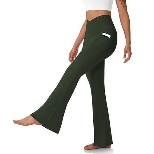DLOODA Women's Flare Leggings with Pockets Crossover High Waisted Bootcut Yoga Pants Tummy Control Bell Bottom Leggings Army Green Small