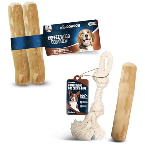 GOWGOW Coffee Wood Dog Chews 8.8" & Rope Toy for Medium Dogs - Includes 3 Sticks & 1 Rope, Natural Wood Chews for Teeth Cleaning, Stress Relief, Dog Training Cover