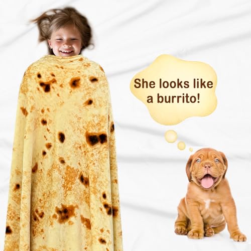 Image of Bnuitland Burritos Tortilla Throw Blanket,300GSM Double Sided Funny Gift Throw with Burrito Pouch,Realistic Super Soft Taco Food Blanket,Novelty Swaddle Yellow Blanket for Baby /Kids and Pets Wrap