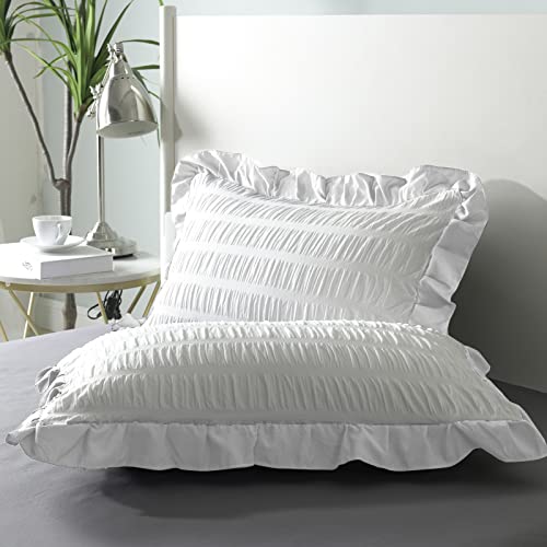Djoymock White Textured Seersucker Duvet Cover Set Queen Size Bedding Soft Ruffled Pillowcases, Zipper Closure,100% Washed Microfiber, Luxury Bedding Set 90*90Inches #TOP6