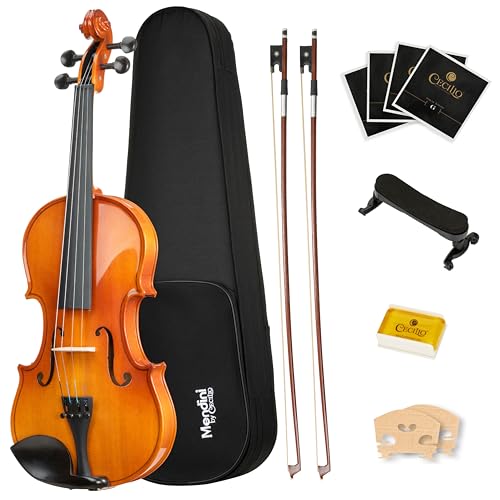 Mendini by Cecilio 4/4 Violin Set For Beginners - Hand Carved Full Size Violin Kit - Ebony Fitted Solid Wood Fiddle Kit with Hard Case, Two Bow, Rosin, Shoulder Rest and Extra Strings (Varnish)