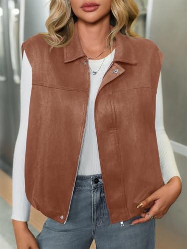 Tankaneo Womens Faux Suede Vest Lapel Sleeveless Casual Cropped Jacket Trendy Streetwear Outerwear2