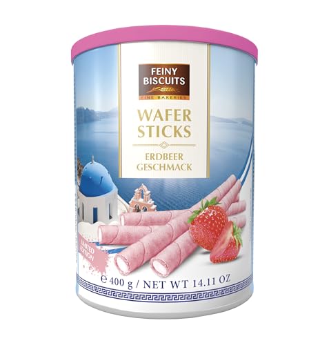 Feiny Biscuits Wafer Sticks – 400g – Knusprige Waffelröllchen mit Erdbeercreme – Süßer Snack & Dessertdeko