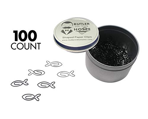 Butler in the Home 100 Count Fish Shaped Paper Clips Great for Paper Clip Collectors or Office Gift - Comes in Round Tin with Lid and Gift Box (Black)