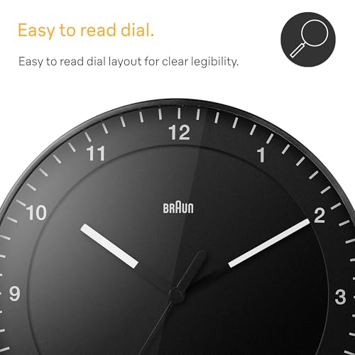 Image of Braun Classic Large Glass Analogue Wall Clock with Silent Sweep Movement, Easy to Read, 30cm Diameter in Black, Model BC17B.