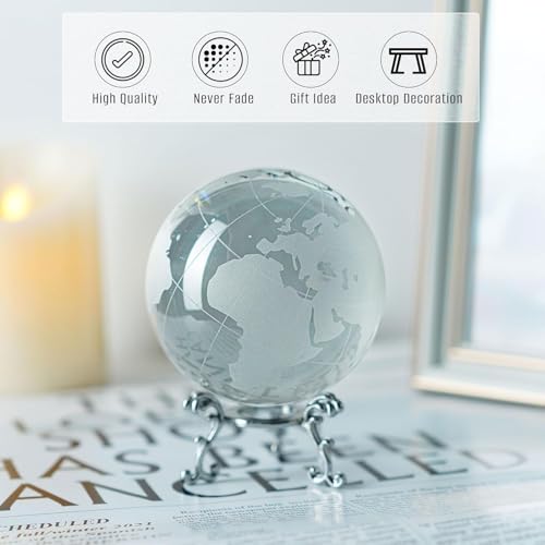 Image of 3.15in Crystal Earth Globe with Stand Glass World Globe Paperweight | Premium K9 crystal Includes metal stand Ready for desk office bookshelf and home display