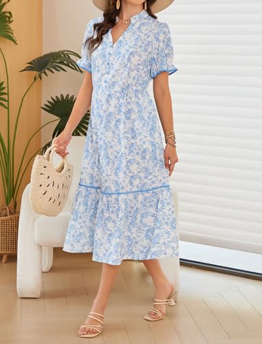 Image of Theenkoln Womens Casual Midi Dress: Short Sleeve V-Neck Empire Waist Gingham Spring Fashion Long Trendy Tiered Formal Dresses