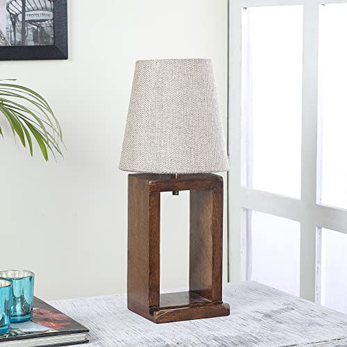 Image of tu casa Wooden Table Lamp for Bedroom & Living Room | Mango Wood Base with Beige Cotton Fabric Shade | Decorative Bedside Night Lamp for Home Decor & Festive Gifting