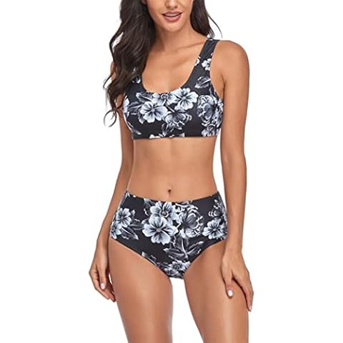HenzWorld Ladies Bikini Set 2 Pieces Womens Swimming Costume Tankini with Padded High Waisted Swimwear Bathing Suits Floral Black Size M Cover