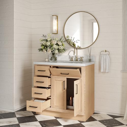 ARIEL Hepburn 37" Inch Oak Single Bathroom Vanity with Sink, Italian Carrara Marble Countertop 1.5 inch Edge and backsplash, Soft Closing Door and Drawer, Matte Black
